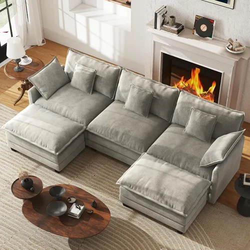 WorthFurni Sofá Seccional Modular de 111.4", Sofá de Nube en Forma de U con 2 Otomanas Móviles, Cómodo Sofá de Chenille de Asiento Profundo con