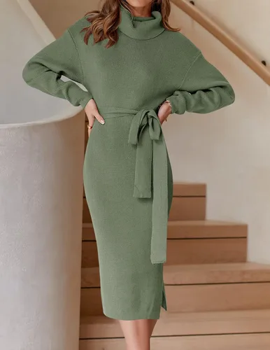 Miniatura 29 de ZESICA - Vestido por debajo de la rodilla de suéter, de cuello alto, para mujer, de manga larga, de punto acanalado, con abertura y cinturón