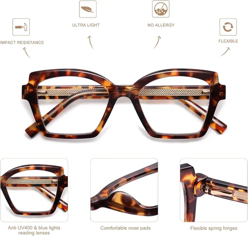 Miniatura 5 de AMOMOMA Paquete de 2 lentes de lectura modernos con diseño de ojo de gato para mujeres y hombres, elegantes lentes cuadrados con bloqueo de luz azul