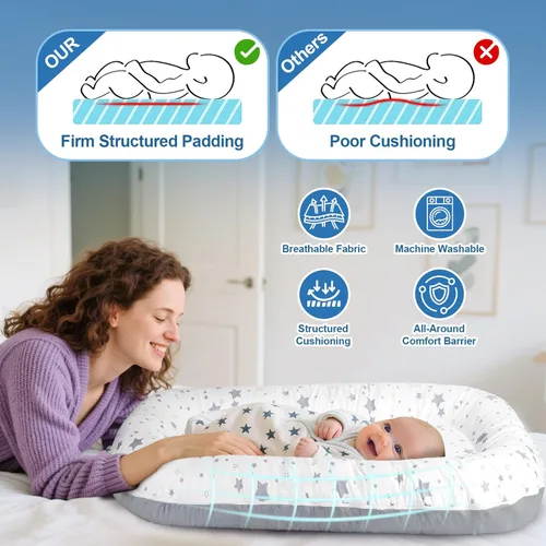 Miniatura 4 de Tumbona para bebé recién nacido de 0 a 24 meses, asiento portátil para bebés con soporte ergonómico, silla de bebé de algodón transpirable
