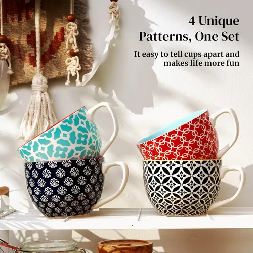Miniatura 9 de DOWAN Mosaian - Juego de 4 tazas de café grandes de 24 onzas, tazas de sopa con asas, tazas de cerámica para sopa/café/cereal/latte, regalos
