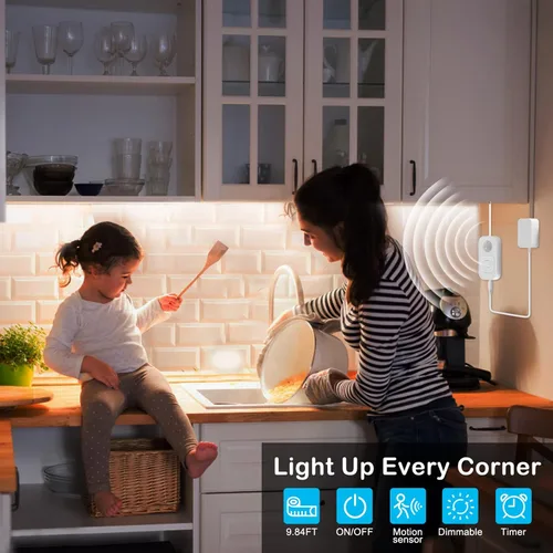 Miniatura 2 de Luces con sensor de movimiento para debajo del gabinete: tira de luces LED enchufables para interiores con adaptador aprobado por UL FCC, atenuador