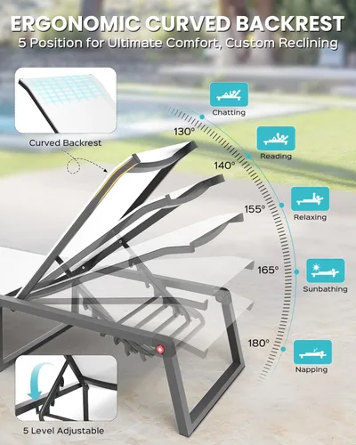 Miniatura 4 de Silla de Salón de Aluminio para Exterior, Sillas de Salón Plegables y sin Montaje para Patio y Piscina, Silla Reclinable de 5 Posiciones para Blanco