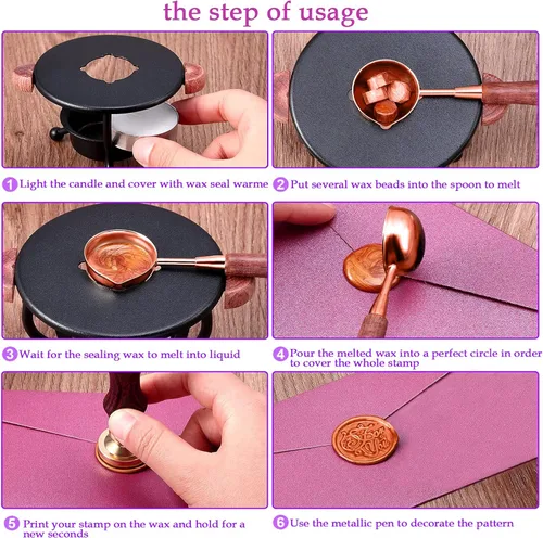 Miniatura 4 de YIPLED - Kit de sellos de cera, 24 colores, 748 cuentas de cera de sellado con sello de cera, velas de té, calentador de sellos, cuchara derretida