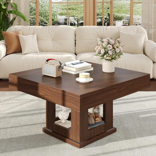 knoworld Mesa auxiliar cuadrada, mesa de centro de madera con almacenamiento y casa para gatos, mesa de cóctel marrón rústica para sala de estar,