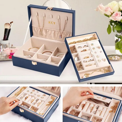 Miniatura 3 de KCY Organizador de joyas para mujeres y niñas estuche grande de cuero sintético con soporte de exhibición de 2 capas y bandeja extraíble para aretes