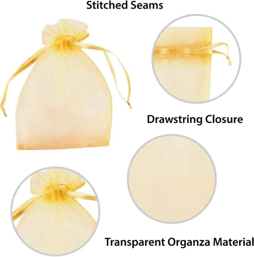Miniatura 3 de Super Z Outlet Paquete de 100 mini bolsas transparentes de organza transparentes con cordón de 4 x 6 pulgadas, bolsas de joyería para bodas, Dorado