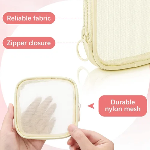 Miniatura 3 de Weewooday 4 piezas de malla para maquillaje, bolsa de cosméticos de malla, bolsa de aseo de viaje con cremallera, mini bolsa de cosméticos de Beige