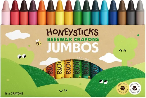 Honeysticks Crayones Jumbo (16 unidades) - Crayones no tóxicos - 100% pura cera de abejas y colores de grado alimenticio - 16 colores brillantes -