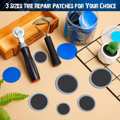 Miniatura 5 de Tallew 90 piezas Kit de parches de neumáticos 32 mm 42 mm 58 mm Unidad de reparación de neumáticos con rodillo y raspador de forro, parche de tubo