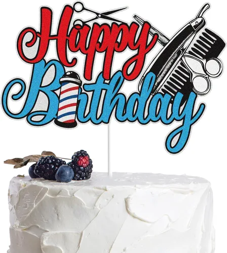 Decoración para tartas de feliz cumpleaños, color azul, rojo, brillante, corte de pelo, peluquería, decoración de tartas, peluquería, cosmetólogo,