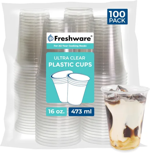 Miniatura 7 de Freshware Vasos de plástico desechables transparentes de 12 onzas con tapas planas y popotes, paquete de 100 vasos de plástico transparente, vasos