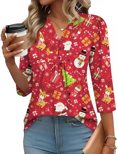 Miniatura 11 de IECCP Blusas de verano de manga 3/4 para mujer, estilo casual, cuello Henley, cuello en V, plisadas, ajuste holgado, blusas de trabajo