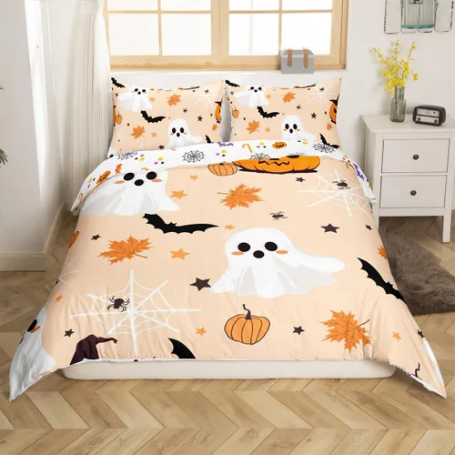Miniatura 3 de Erosebridal Funda de edredón de calabaza con diseño de murciélagos para Halloween, juego de ropa de cama con sombrero de bruja, funda de edredón