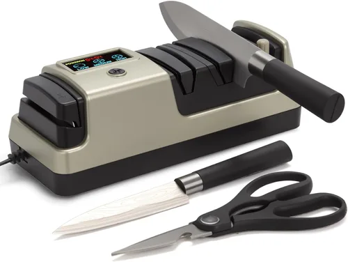 Miniatura 9 de Afilador de cuchillos eléctrico profesional de 3 etapas para cuchillos de cocina, pantalla LCD, 100% abrasivo de diamante, velocidad de rotación Gris