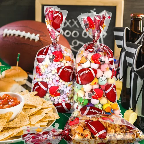 Miniatura 5 de Outus 100 bolsas de golosinas para fiesta de béisbol, dulces, celofán, bolsas deportivas con 150 lazos rojos para recuerdos de fiesta (rugby)