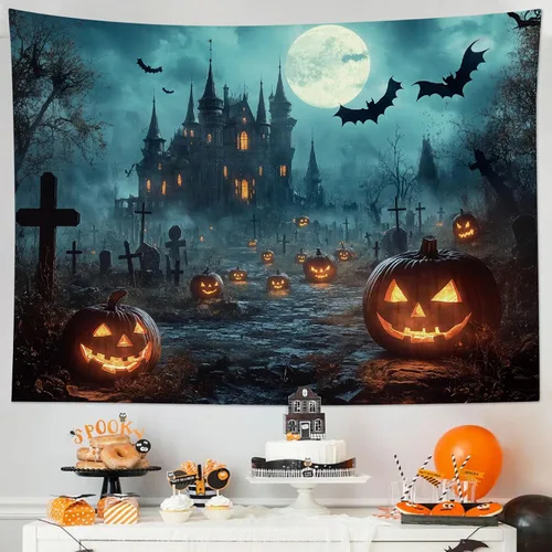 Miniatura 15 de HVEST Tapiz de Halloween para colgar en la pared, esqueleto de terror, cráneo, cementerio, calabaza, farol, bosque muerto, tapiz nocturno