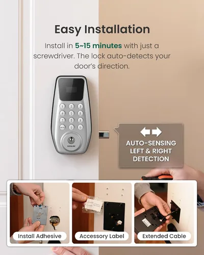 Miniatura 8 de DESLOC C100 - Cerradura de puerta de entrada sin llave con asa, cerradura inteligente para puerta delantera con 2 llaves, bloqueo automático, 100