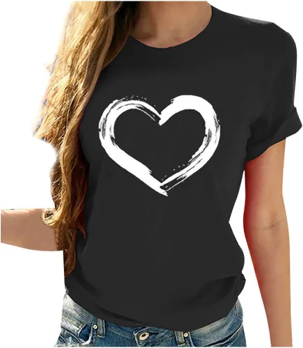 Camisetas de manga corta con estampado de corazón para mujer, camisetas de ajuste regular, linda y divertida, ropa de regalo 2023