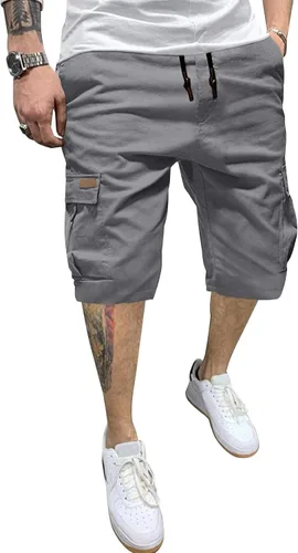 JMIERR Pantalones cortos de sarga para hombre con cordón de algodón clásico elástico con 6 bolsillos