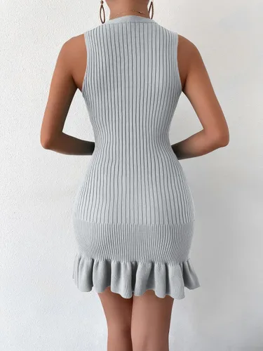 Miniatura 2 de MakeMeChic Minivestido tipo suéter ajustado sin mangas con dobladillo con volantes para mujer