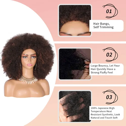 Miniatura 2 de Kalyss Pelucas afro largas de 16 pulgadas para mujeres negras, pelucas afro afro rizadas de los años 70 con reflejos marrones, pelucas grandes