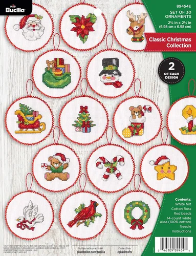 Bucilla Kit de decoración de punto de cruz de 14 piezas, colección clásica de Navidad, perfecto para manualidades y manualidades, 89454E