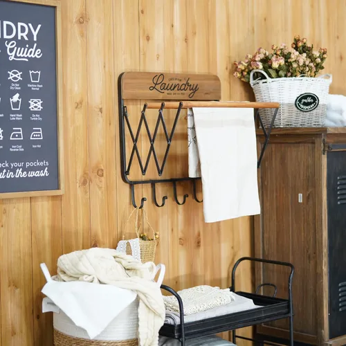 Miniatura 2 de SOFFEE DESIGN Estante de lavandería de acordeón, estantes retráctiles montados en la pared, 3 barras y 5 ganchos para tendedero, toallas para colgar