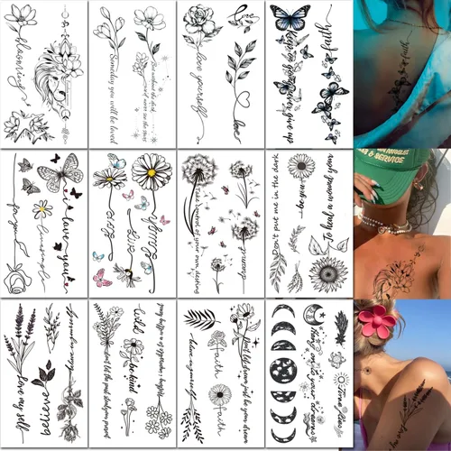 CHARLENT Tatuajes temporales con palabras de flores para mujeres y niñas, de larga duración, impermeables, realistas, negros, sexis, tatuajes