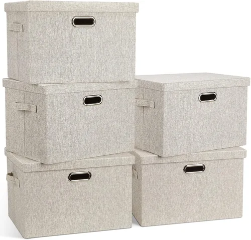 Graciadeco Contenedores grandes de almacenamiento plegables y apilables de 36 cuartos de galón con tapas, 5 paquetes de cajas de tela de lino beige