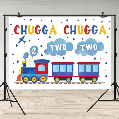 Miniatura 4 de Telón de fondo de feliz segundo cumpleaños de 7 x 5 pies, tren azul y rojo para niño, Chugga Chugga, dos dos nubes, plano de fotografía, fondo