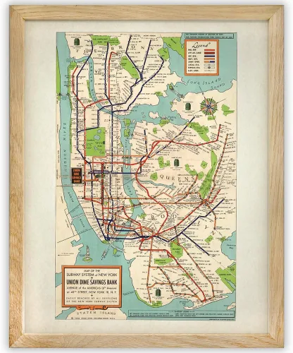 Póster enmarcado vintage de 1948 con mapa del metro de Nueva York de 11 x 14 pulgadas, reproducción clásica de mapas de tránsito de Nueva York, arte