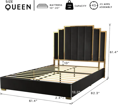 Miniatura 2 de HOWE Base de cama tamaño Queen y cabecera de 61 pulgadas, cama tapizada con borde chapado en oro, cama de plataforma moderna, no necesita somier