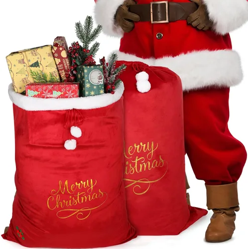 Miniatura 8 de Xuniea Bolsas Extra Grandes de Navidad de 35 x 28 Pulgadas, Saco Gigante de Papá Noel de Terciopelo Rojo con Cordón, Bolsas de Regalo Navideñas