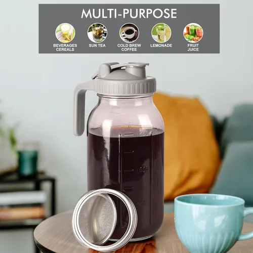 Miniatura 6 de Cafetera helada en tarro de cerveza fría, vidrio duradero, 64 onzas (2 cuartos de galón/1.9 litros), con asa y filtro de acero inoxidable para café