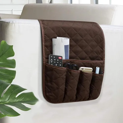 Miniatura 12 de Organizador de reposabrazos para sofá antideslizante, organizador de almacenamiento para sillón y junto a la cama para sofá reclinable con 5 Marrón