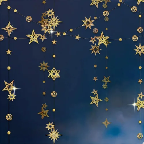Miniatura 10 de Cheerland Guirnalda de Purpurina de Estrella y Luna Azul Decoraciones de Fiesta País de las Maravillas Invernal Baby Shower Serpentinas al Aire