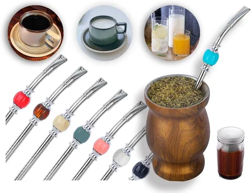Miniatura 7 de Pajitas de yerba mate de alta calidad, popotes reutilizables de acero inoxidable con cuentas de colores, juego con filtro de cabeza extraíble Marrón
