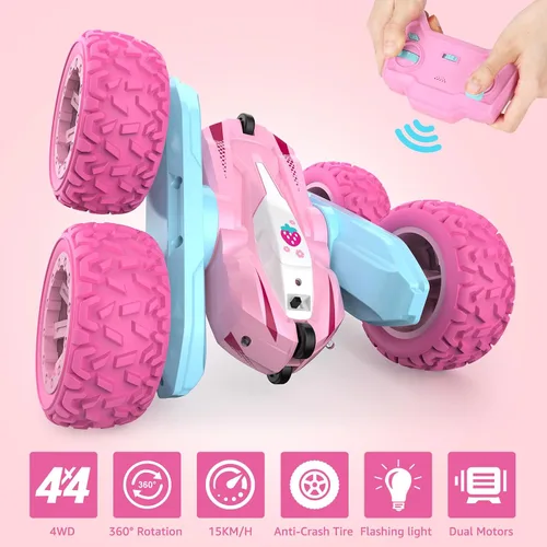 Miniatura 3 de Automóvil a control remoto, camiones RC rosas para niñas, camión RC recargable, juguete de auto de acrobacias de doble cara de 2.4Ghz rotación 360°
