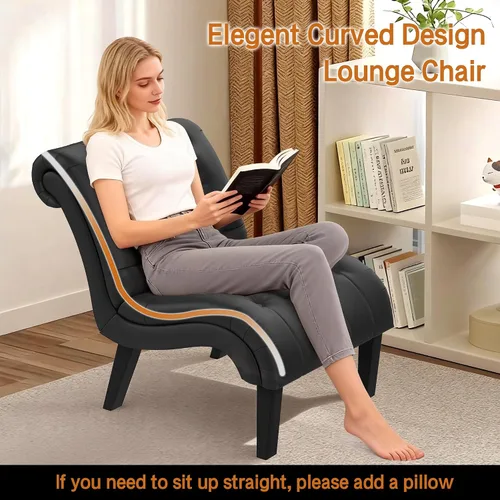 Miniatura 5 de Silla decorativa de piel sintética negra moderna con botones capitoné tapizada sin brazos para dormitorio, sala de estar con patas de madera