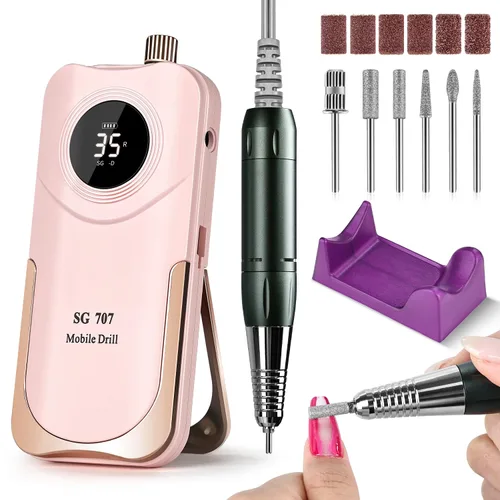 JEWHITENY Taladro de uñas profesional recargable 35000 RPM, SG707 lima de uñas eléctrica con 6 brocas para uñas acrílicas, eliminación de pulido de
