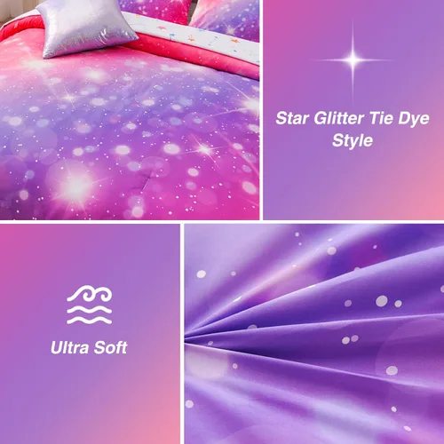 Miniatura 5 de A Nice Night Juego de ropa de cama de 6 piezas con purpurina degradada para niñas, juego de edredón colorido de galaxia arco iris, juegos de ropa