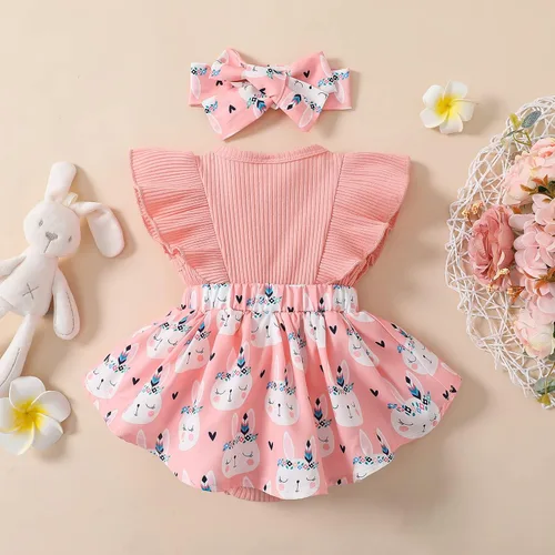 Miniatura 7 de Lindo mameluco para bebés y niñas con estampado de flores, encaje con volantes, lazo frontal, diadema