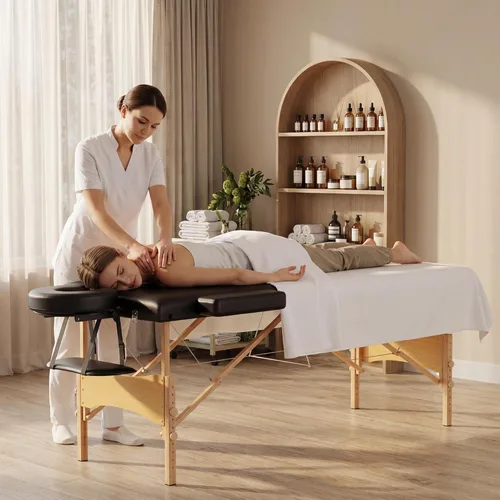 Miniatura 9 de Brelley Mesa de masaje portátil de madera para pestañas, altura ajustable, mesa de spa de 2 pliegues, cama plegable para tatuajes (negro)
