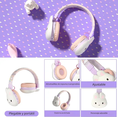 Miniatura 7 de Auriculares Bluetooth para niños, límite de volumen de 85 dB, ultra suaves sobre la oreja, micrófono incorporado, plegables, diseño de animales