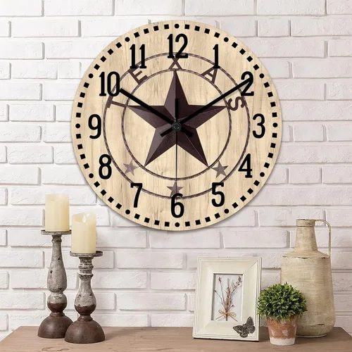Reloj de pared clásico de estilo rústico con estrella de Texas occidental, reloj analógico de madera silencioso sin tictac, funciona con pilas, para