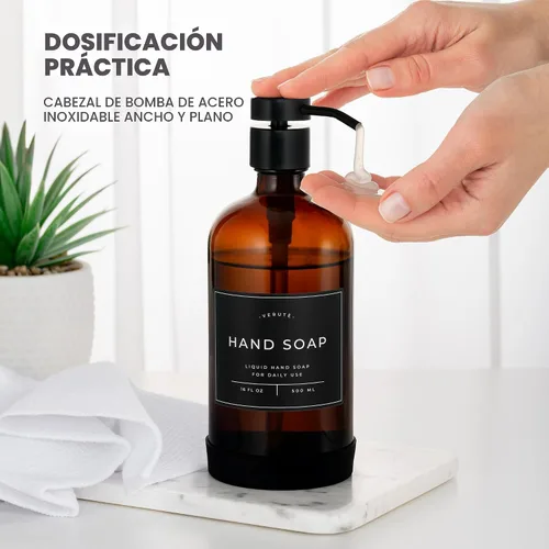 Miniatura 4 de Dispensador de jabón de manos y platos para cocina y baño, juego de 2 botellas de vidrio de 16 onzas, bombas de acero inoxidable, base de silicona