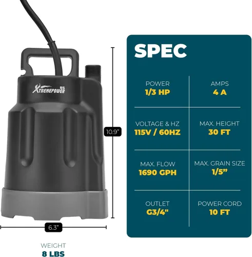 Miniatura 5 de XtremepowerUS Bomba de agua sumergible 1/3 HP 1700GPH Bomba de utilidad termoplástica de alto flujo Bomba de agua de transferencia eléctrica Tina