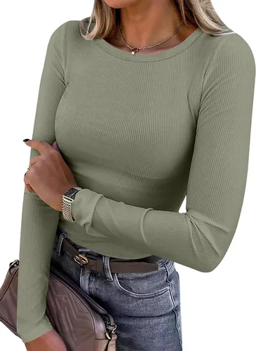 Miniatura 39 de ANRABESS - Camisetas de manga larga para mujer, de punto acanalado, ajustadas, básicas, 2025, informales, para usar a capas o debajo del uniforme