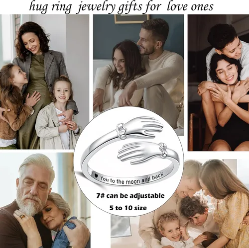 Miniatura 2 de Anillo de abrazo de plata de ley ajustable para seres queridos, anillos de abrazo apilables para mujeres, anillos de abrazo de mano para abrazar